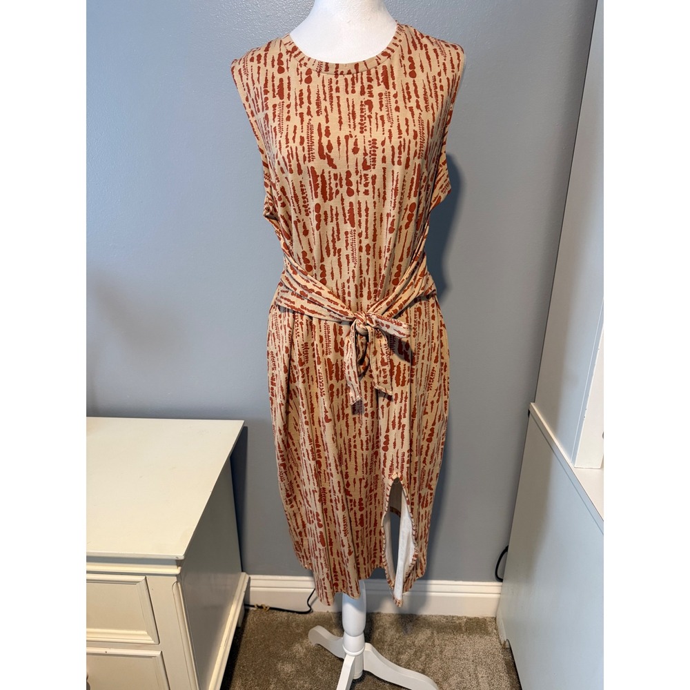 41 Hawthorn Womens XXL Rust Tan Abstract Print Tie Waist Sleeveless Midi Dress